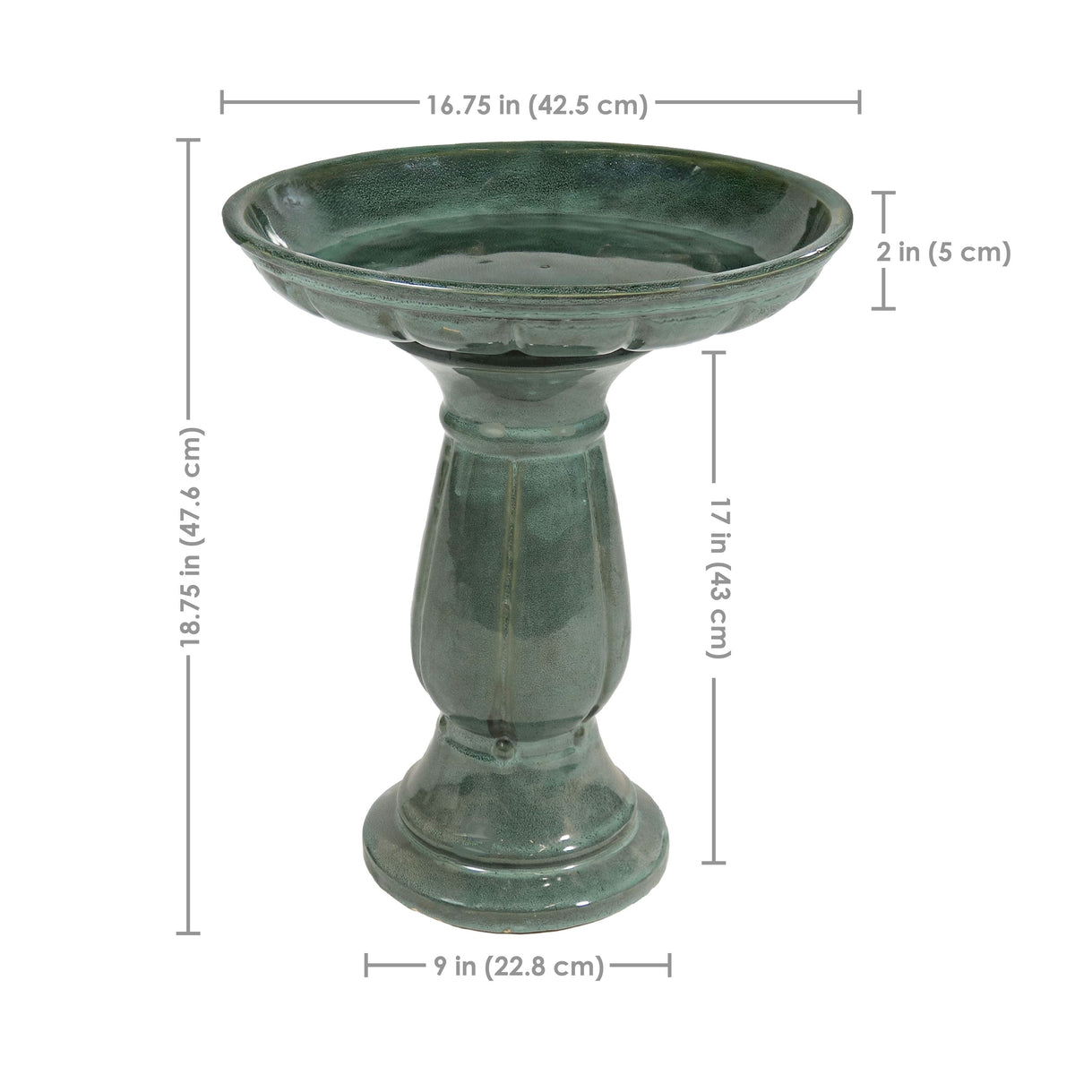 Green ceramic bird bath with dimensions on a white background