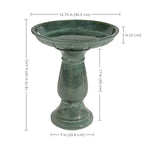 Green ceramic bird bath with dimensions on a white background