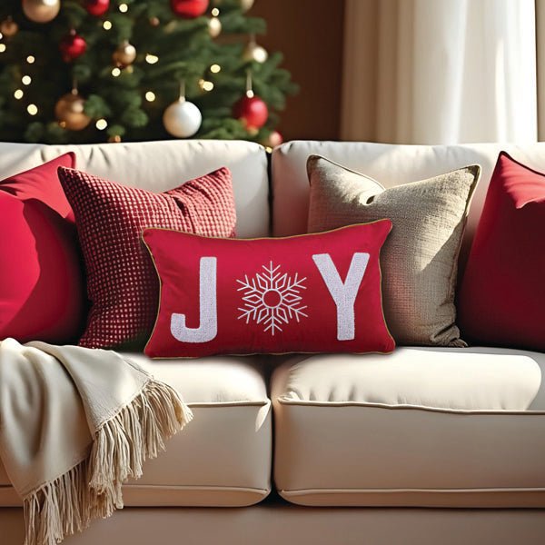 Joy Rectangle Throw Pillow | Red &amp; White Holiday Elegance - Napa Valley Wildflower Co.