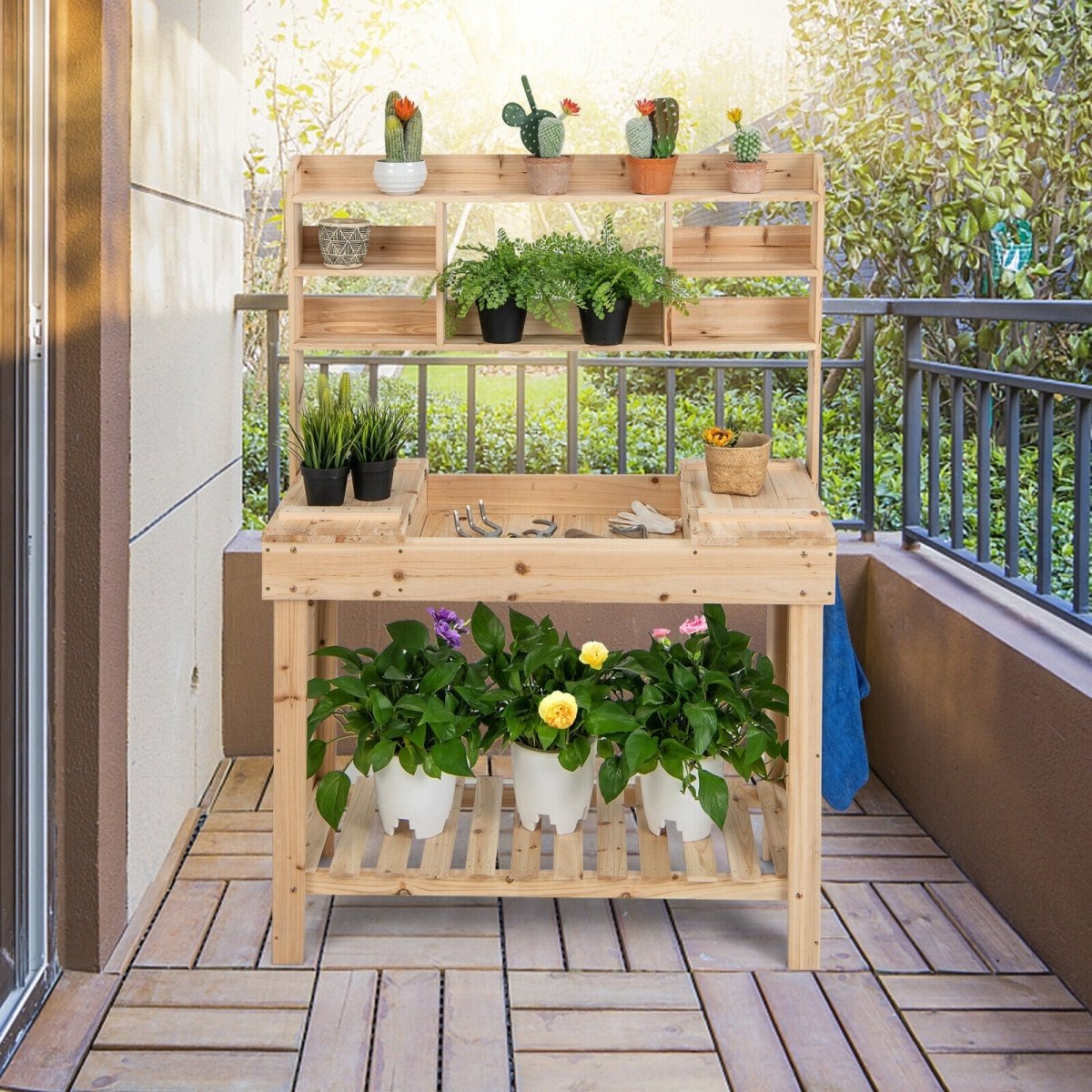 Large Wooden Potting Bench with Sink & Storage – Garden Work Table with Display Rack - Napa Valley Wildflower Co.