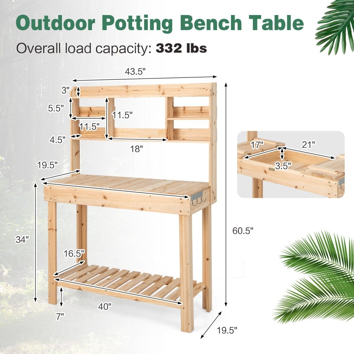 Large Wooden Potting Bench with Sink & Storage – Garden Work Table with Display Rack - Napa Valley Wildflower Co.