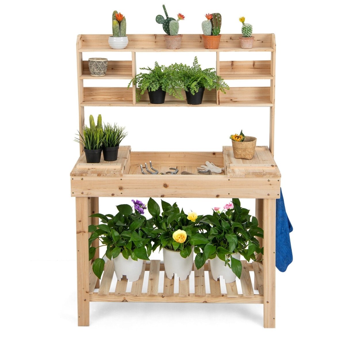 Large Wooden Potting Bench with Sink & Storage – Garden Work Table with Display Rack - Napa Valley Wildflower Co.