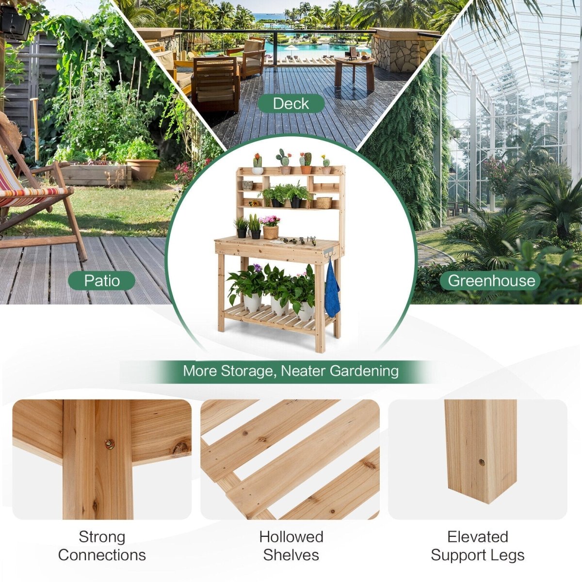 Large Wooden Potting Bench with Sink & Storage – Garden Work Table with Display Rack - Napa Valley Wildflower Co.
