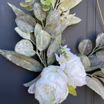 Modern Teardrop Wreath with White Peonies & Eucalyptus - Napa Valley Wildflower Co.