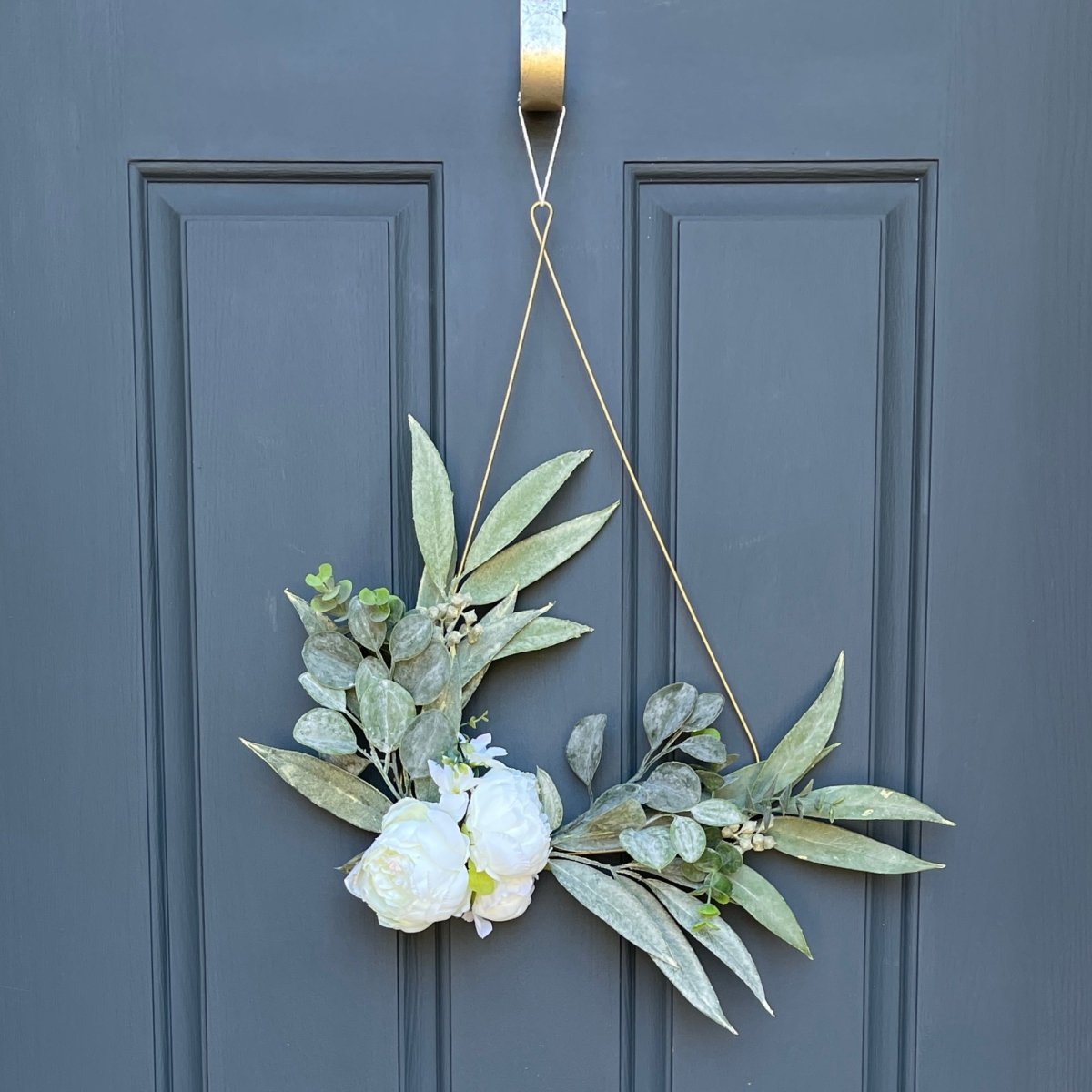 Modern Teardrop Wreath with White Peonies & Eucalyptus - Napa Valley Wildflower Co.