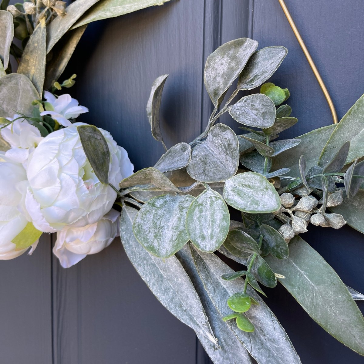 Modern Teardrop Wreath with White Peonies & Eucalyptus - Napa Valley Wildflower Co.