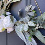 Modern Teardrop Wreath with White Peonies & Eucalyptus - Napa Valley Wildflower Co.