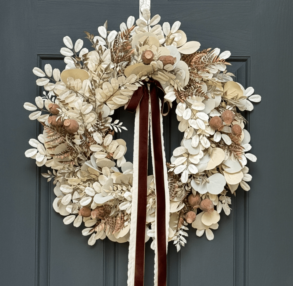 Neutral Fall Eucalyptus Wreath with Beige Leaves & Brown Velvet Ribbon - Napa Valley Wildflower Co.