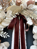 Neutral Fall Eucalyptus Wreath with Beige Leaves & Brown Velvet Ribbon - Napa Valley Wildflower Co.