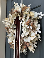 Neutral Fall Eucalyptus Wreath with Beige Leaves & Brown Velvet Ribbon - Napa Valley Wildflower Co.