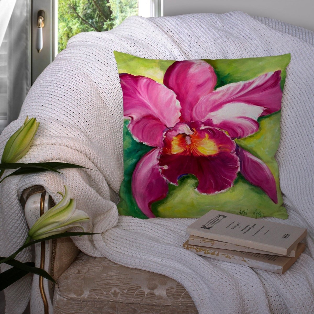 Orchid Watercolor Canvas Fabric Decorative Pillow 14x14 - Napa Valley Wildflower Co.