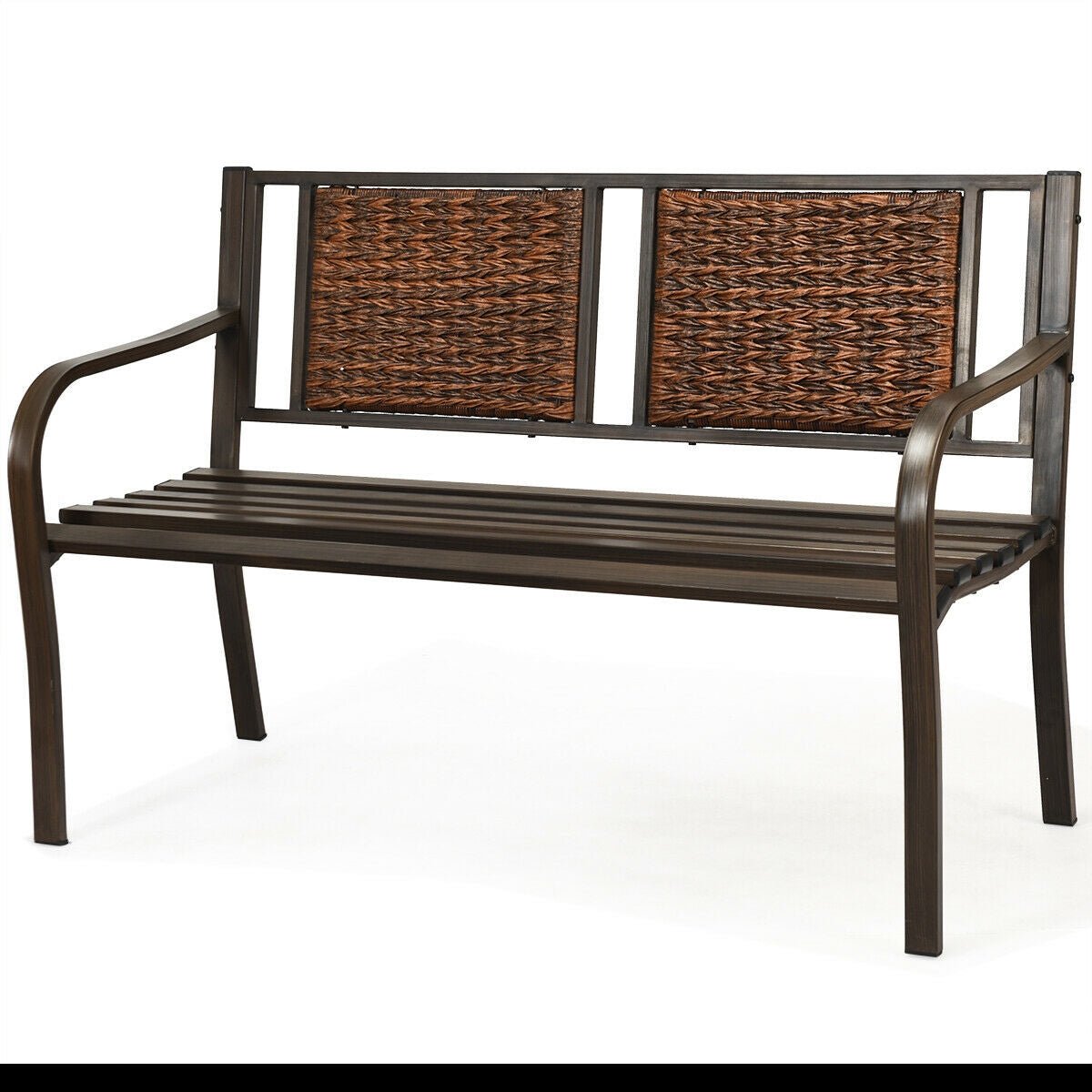Outdoor Rattan Garden Bench – Steel Frame Patio Bench with Armrests - Napa Valley Wildflower Co.