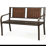 Outdoor Rattan Garden Bench – Steel Frame Patio Bench with Armrests - Napa Valley Wildflower Co.
