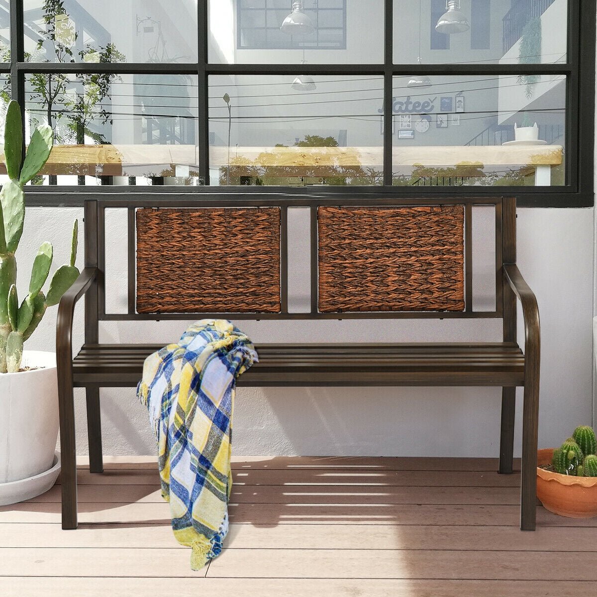 Outdoor Rattan Garden Bench – Steel Frame Patio Bench with Armrests - Napa Valley Wildflower Co.