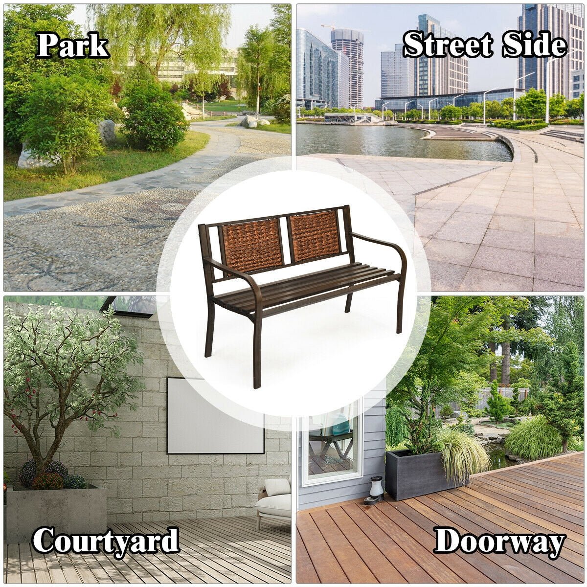 Outdoor Rattan Garden Bench – Steel Frame Patio Bench with Armrests - Napa Valley Wildflower Co.