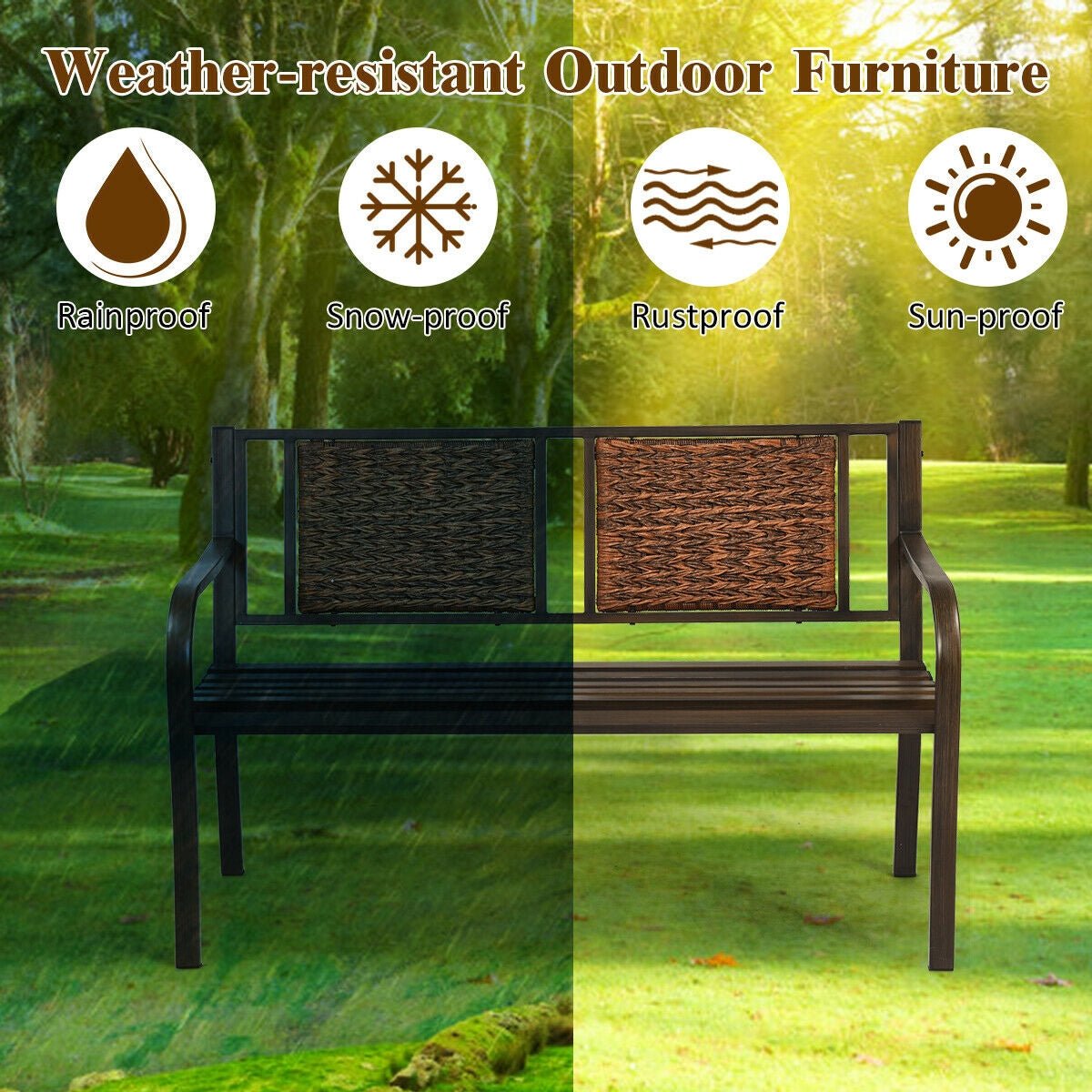 Outdoor Rattan Garden Bench – Steel Frame Patio Bench with Armrests - Napa Valley Wildflower Co.