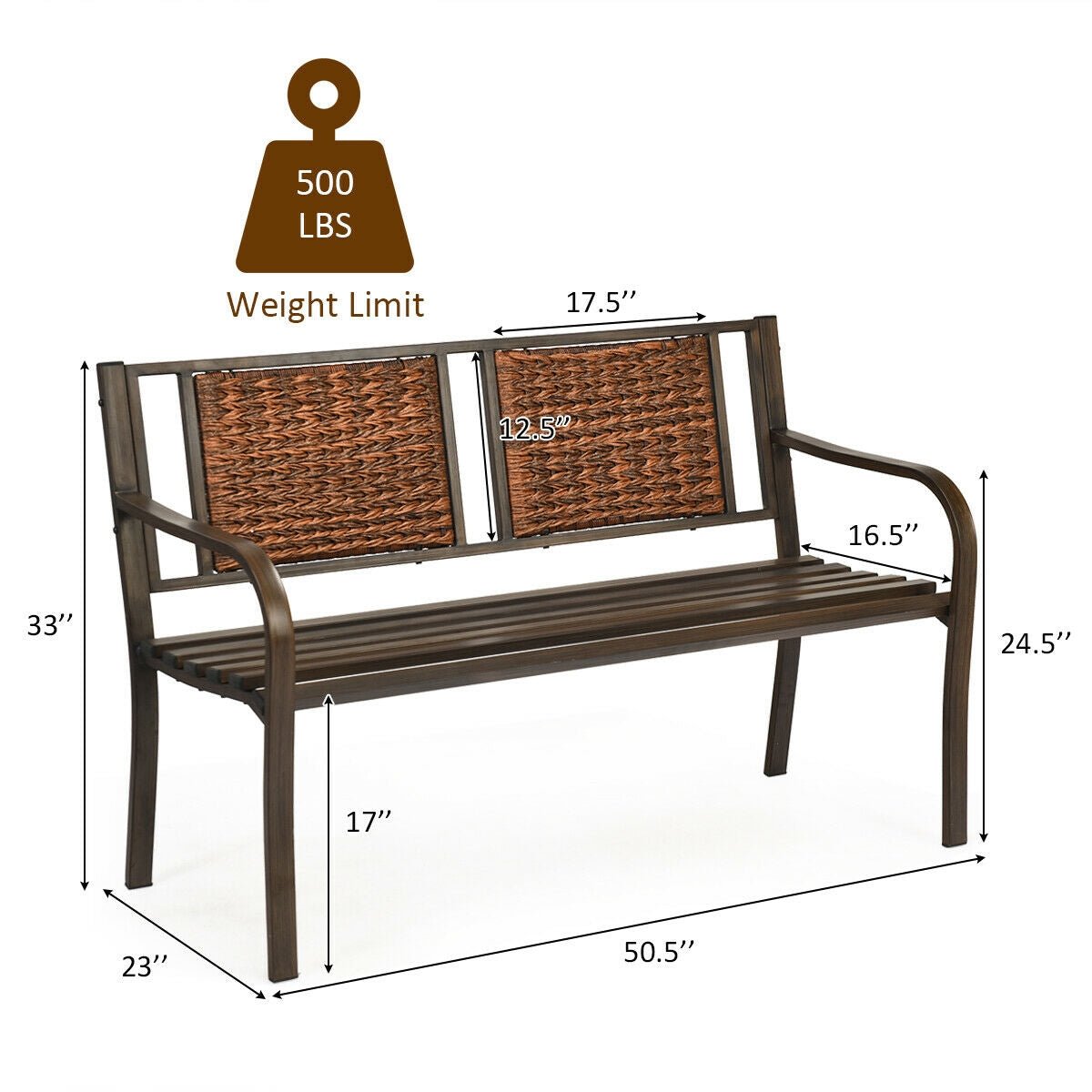 Outdoor Rattan Garden Bench – Steel Frame Patio Bench with Armrests - Napa Valley Wildflower Co.