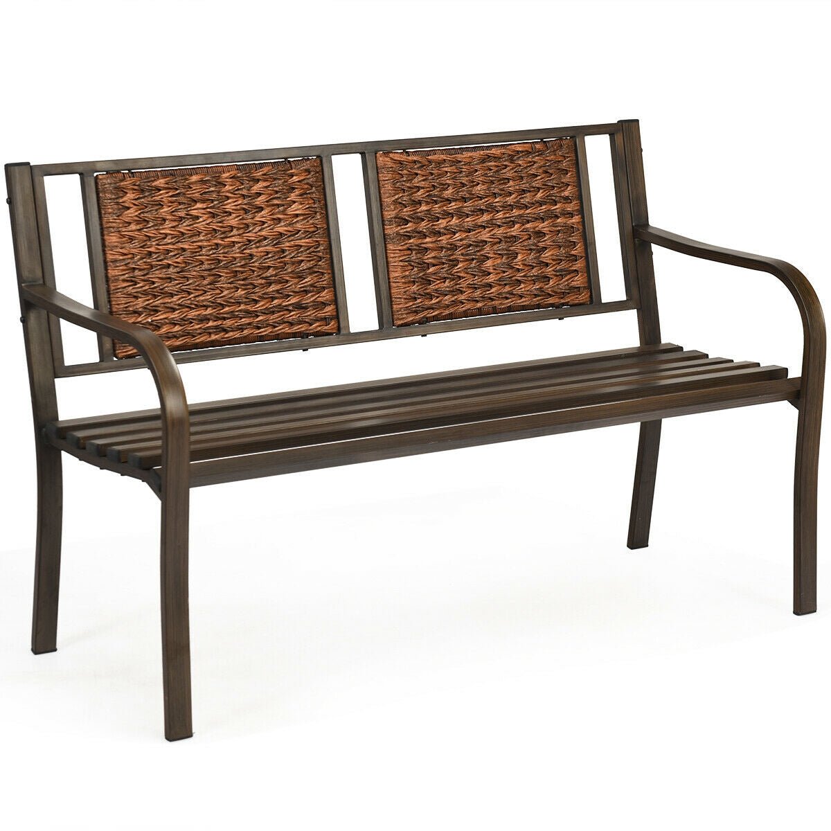 Outdoor Rattan Garden Bench – Steel Frame Patio Bench with Armrests - Napa Valley Wildflower Co.