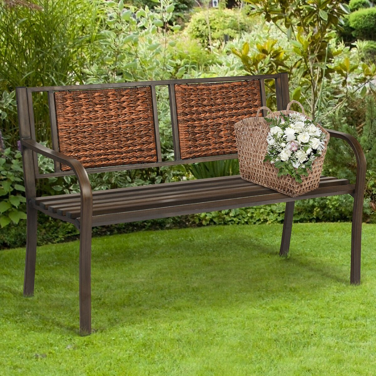Outdoor Rattan Garden Bench – Steel Frame Patio Bench with Armrests - Napa Valley Wildflower Co.