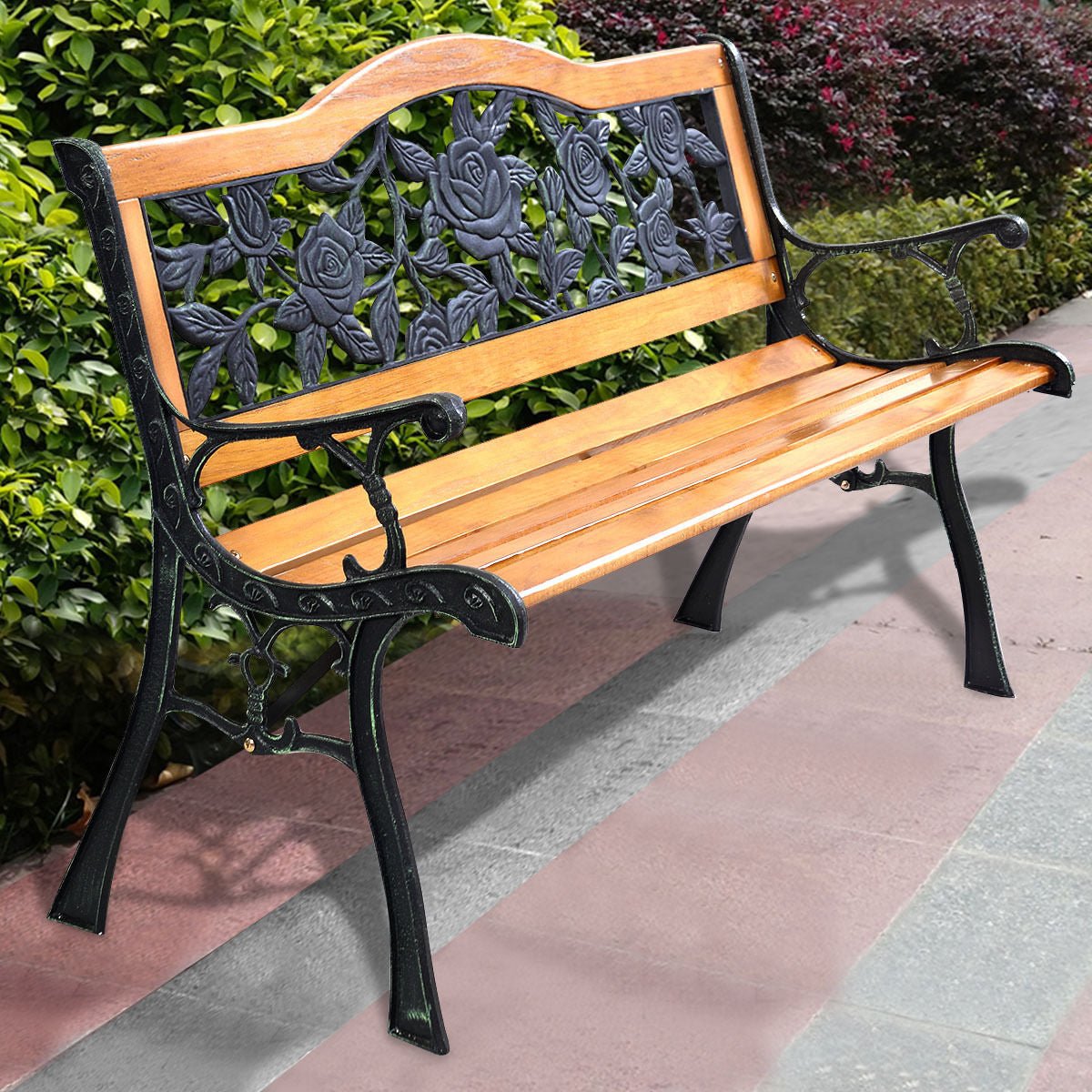 Outdoor Wooden Garden Bench Loveseat with Iron Armrests – 49.5” Patio Bench - Napa Valley Wildflower Co.
