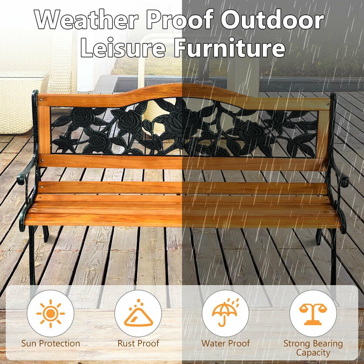 Outdoor Wooden Garden Bench Loveseat with Iron Armrests – 49.5” Patio Bench - Napa Valley Wildflower Co.
