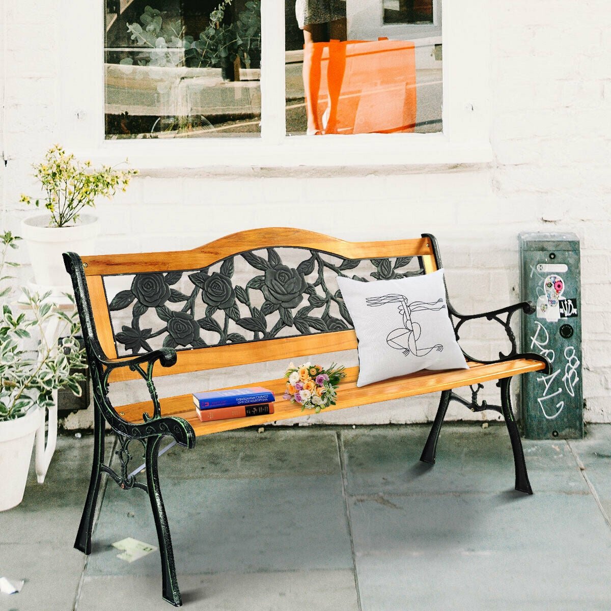 Outdoor Wooden Garden Bench Loveseat with Iron Armrests – 49.5” Patio Bench - Napa Valley Wildflower Co.