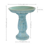 Blue bird bath with dimensions on a white background