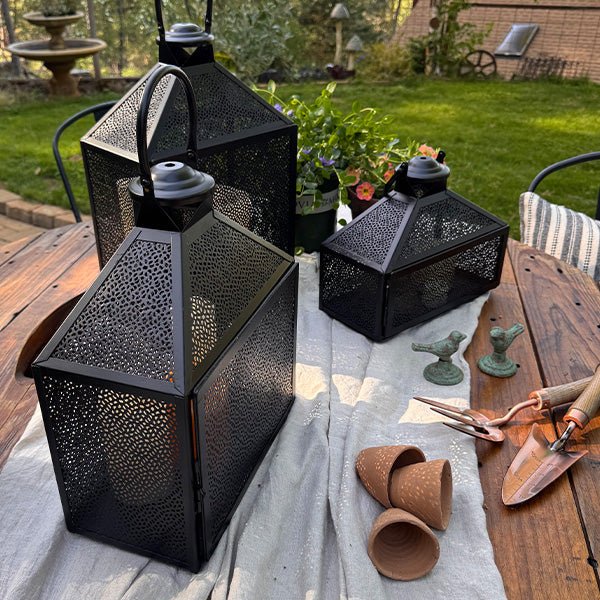Perforated Iron Metal Lanterns, Set of Three - Napa Valley Wildflower Co.