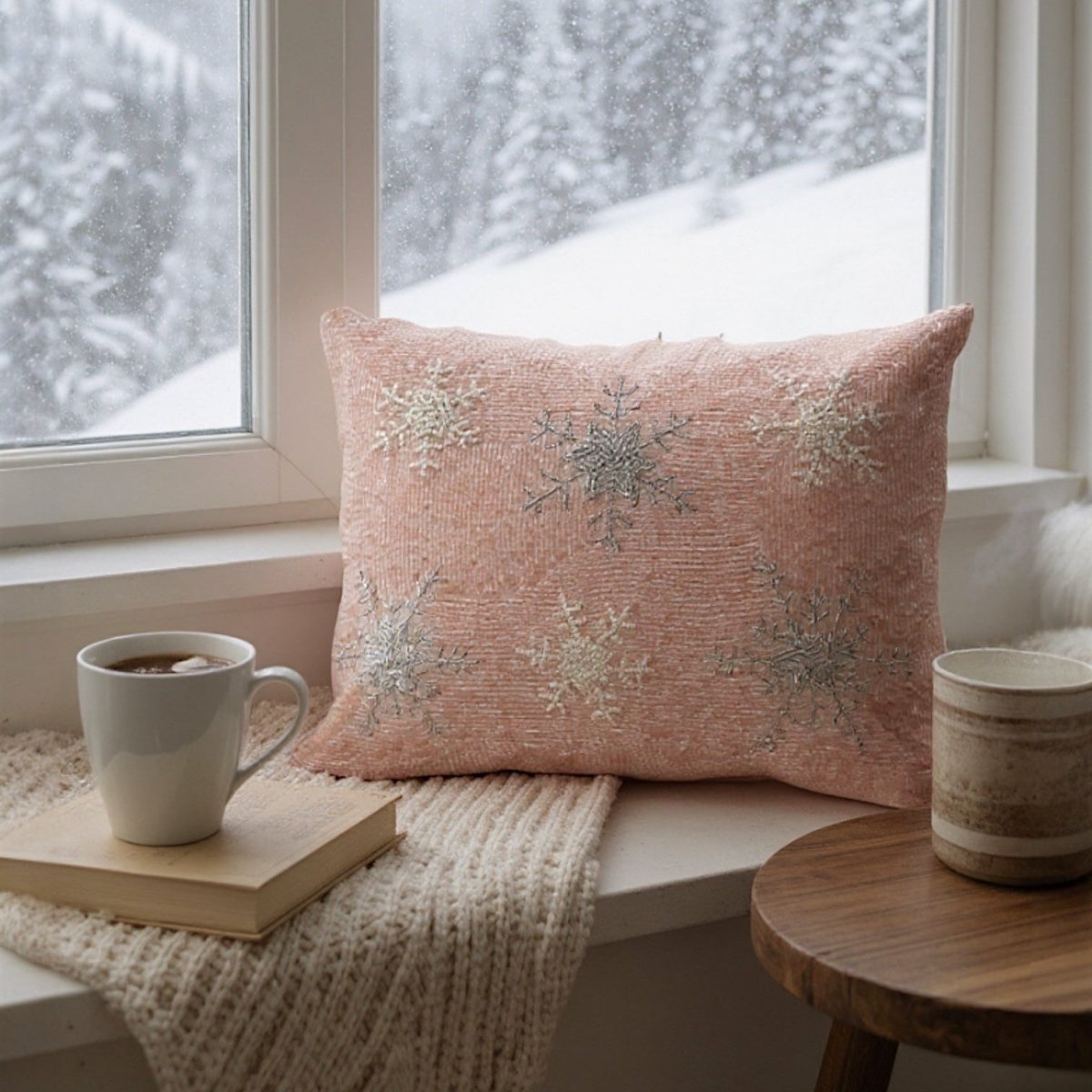 Pink Beaded Snowflake Lumbar Throw Pillow - Napa Valley Wildflower Co.