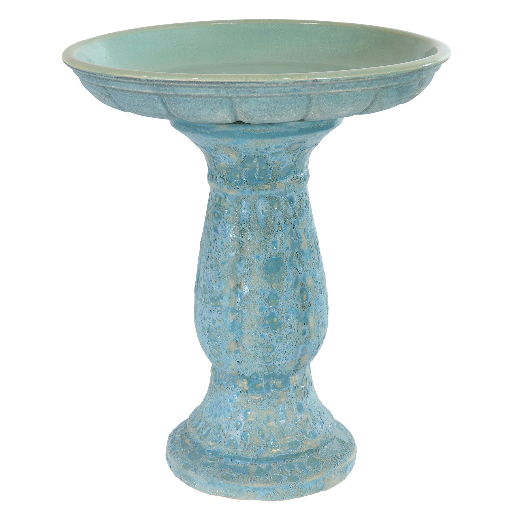 Blue ceramic bird bath on a white background