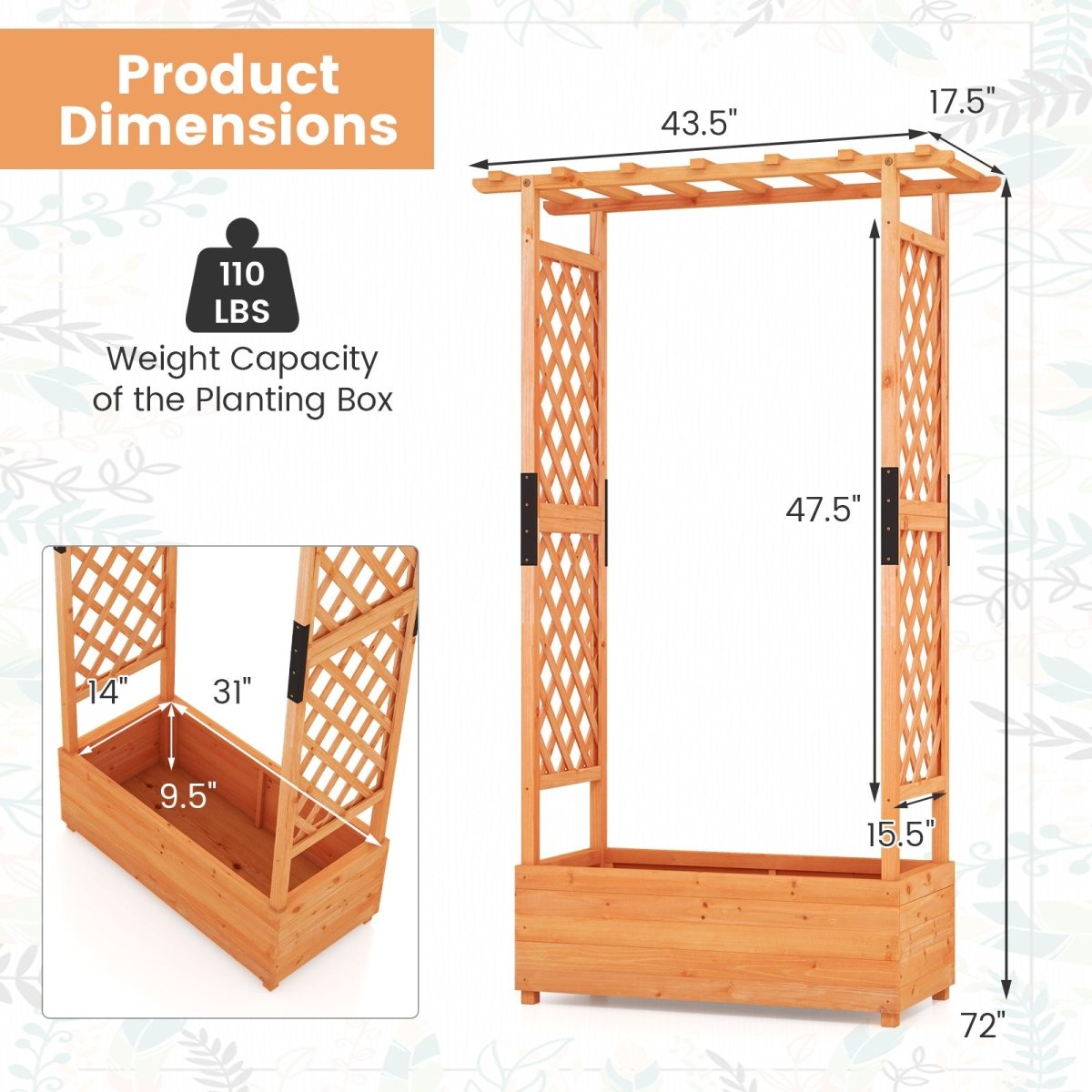 Raised Garden Bed with Arch Trellis & Hanging Roof – Wooden Planter Box (Orange Finish) - Napa Valley Wildflower Co.