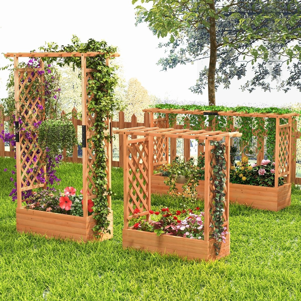 Raised Garden Bed with Arch Trellis & Hanging Roof – Wooden Planter Box (Orange Finish) - Napa Valley Wildflower Co.