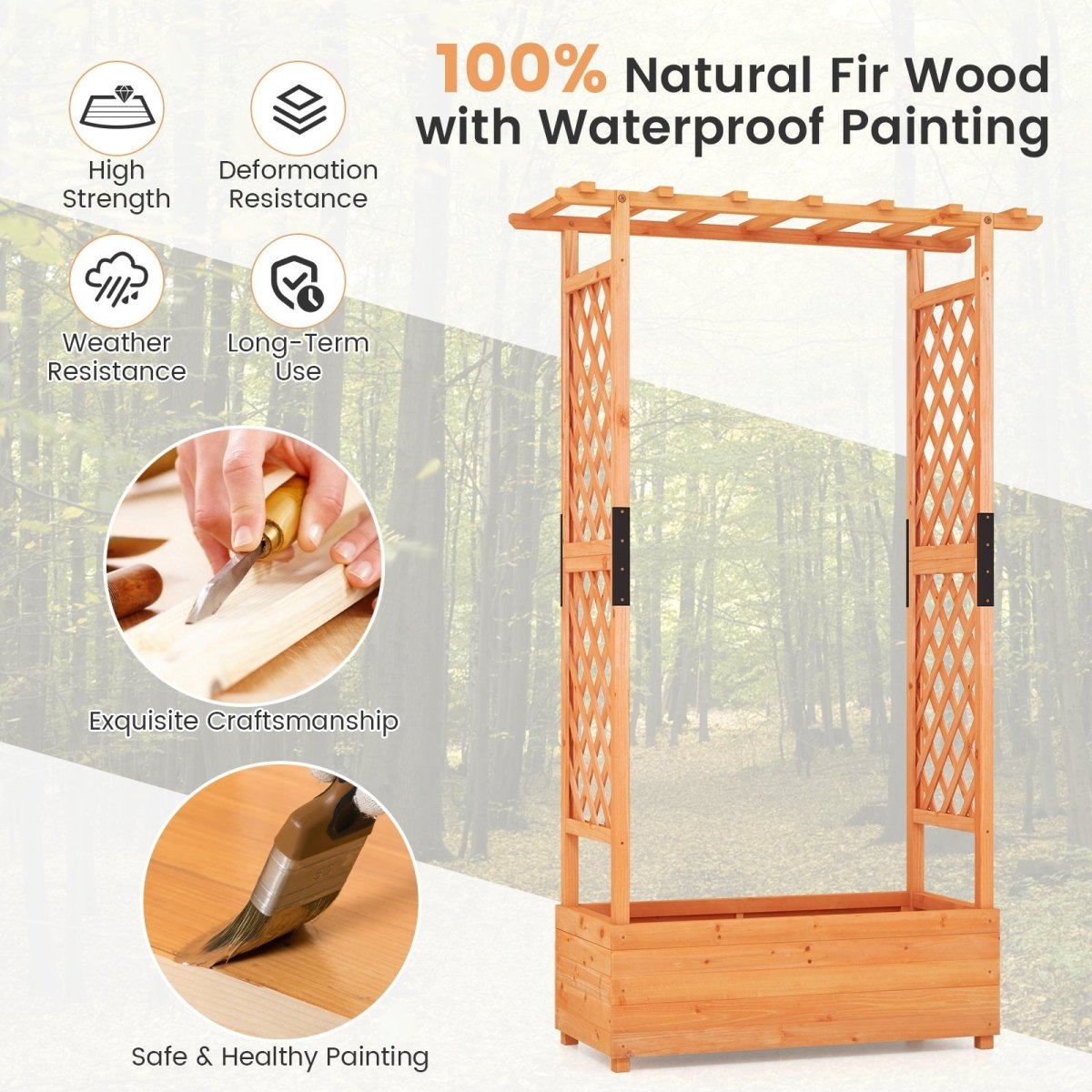Raised Garden Bed with Arch Trellis & Hanging Roof – Wooden Planter Box (Orange Finish) - Napa Valley Wildflower Co.