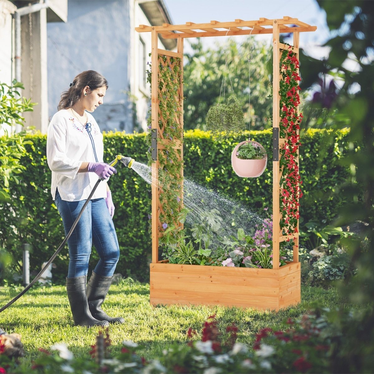 Raised Garden Bed with Arch Trellis & Hanging Roof – Wooden Planter Box (Orange Finish) - Napa Valley Wildflower Co.