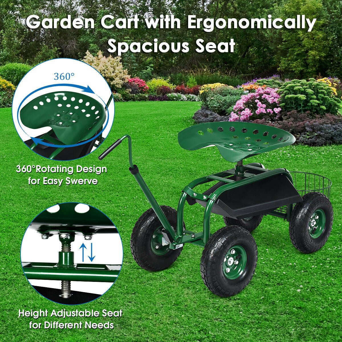 Rolling Garden Cart with Seat – Adjustable Swivel Scooter Wagon (Green) - Napa Valley Wildflower Co.