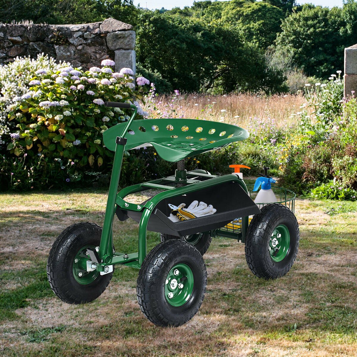 Rolling Garden Cart with Seat – Adjustable Swivel Scooter Wagon (Green) - Napa Valley Wildflower Co.