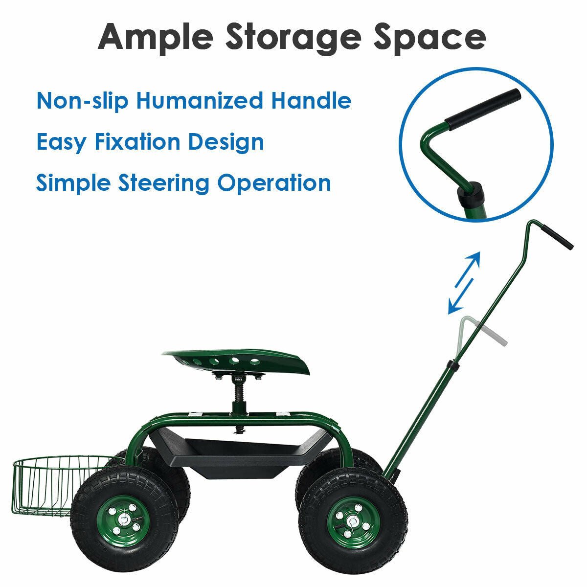 Rolling Garden Cart with Seat – Adjustable Swivel Scooter Wagon (Green) - Napa Valley Wildflower Co.