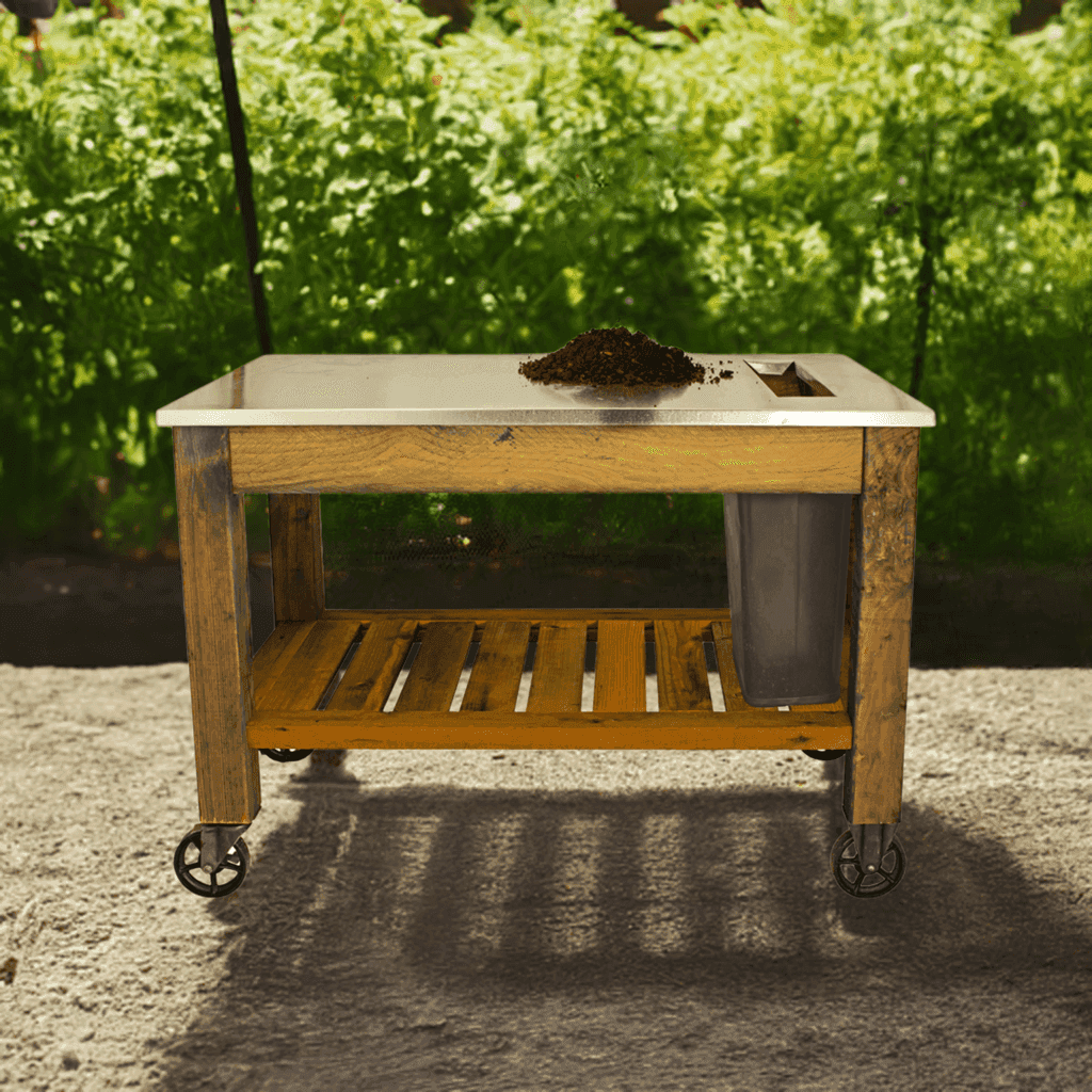 Rolling Redwood Potting Table with Waste Disposal Hole – Outdoor Garden Workstation - Napa Valley Wildflower Co.
