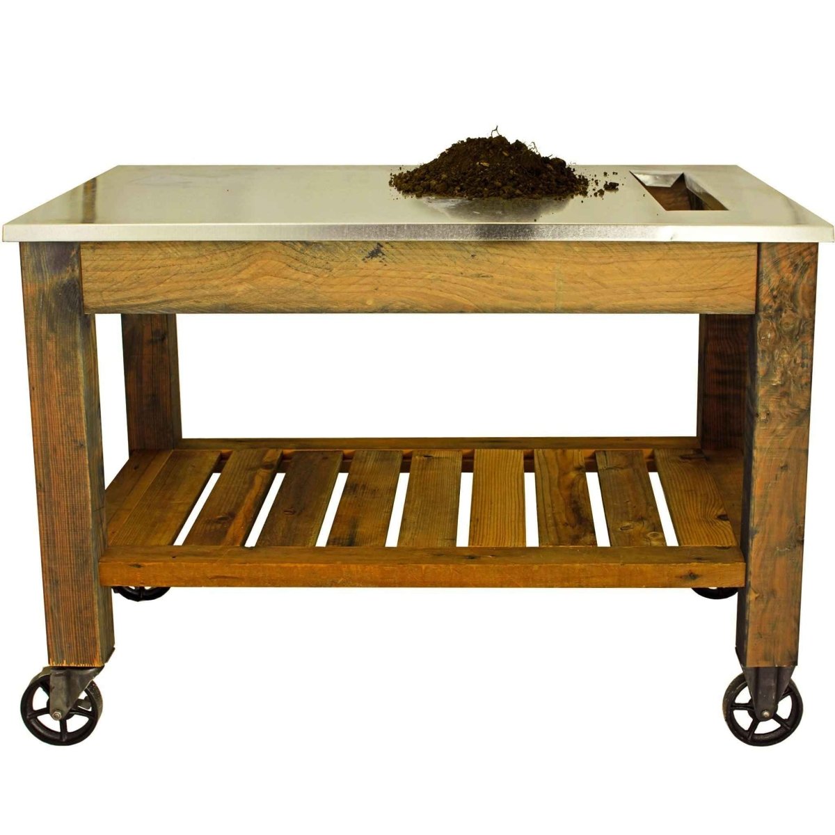 Rolling Redwood Potting Table with Waste Disposal Hole – Outdoor Garden Workstation - Napa Valley Wildflower Co.