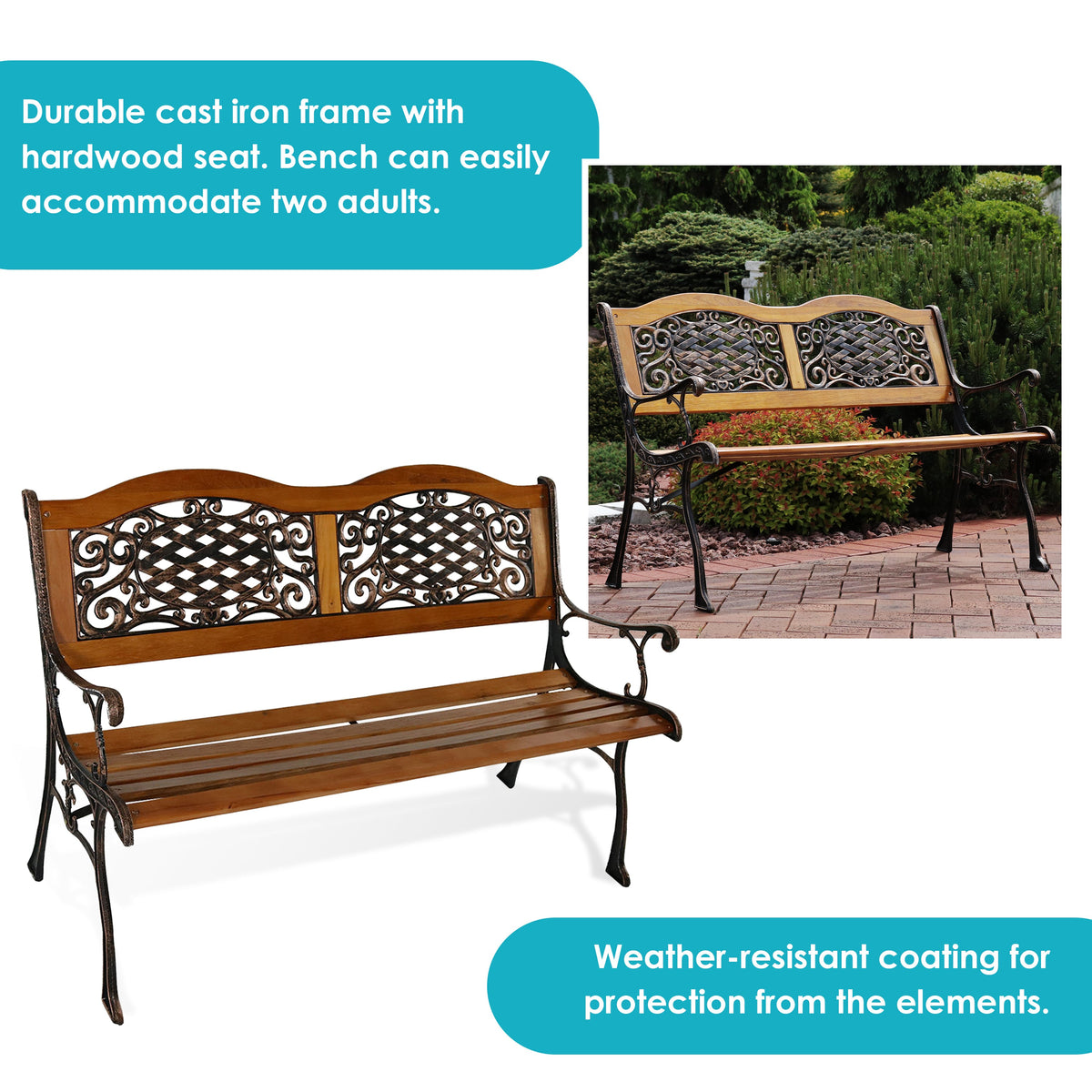 A wooden and cast iron outdoor bench shown on a white background, with a smaller inset photo of the same bench in a garden setting. Text highlights the durable cast iron frame, hardwood seat, and weather-resistant coating.
