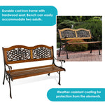 A wooden and cast iron outdoor bench shown on a white background, with a smaller inset photo of the same bench in a garden setting. Text highlights the durable cast iron frame, hardwood seat, and weather-resistant coating.