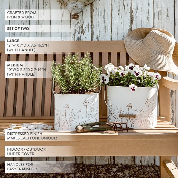 Rustic Cream Mushroom Embossed Metal Buckets, Set of Two - Napa Valley Wildflower Co.