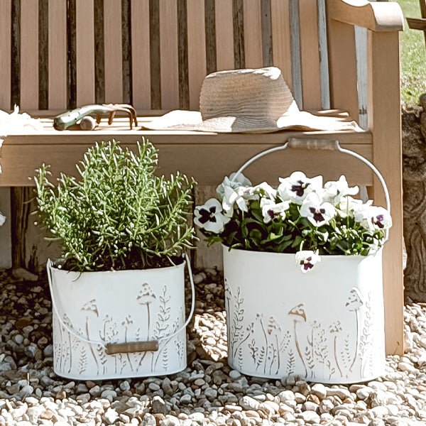 Rustic Cream Mushroom Embossed Metal Buckets, Set of Two - Napa Valley Wildflower Co.