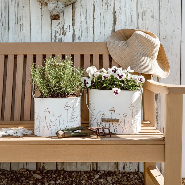 Rustic Cream Mushroom Embossed Metal Buckets, Set of Two - Napa Valley Wildflower Co.
