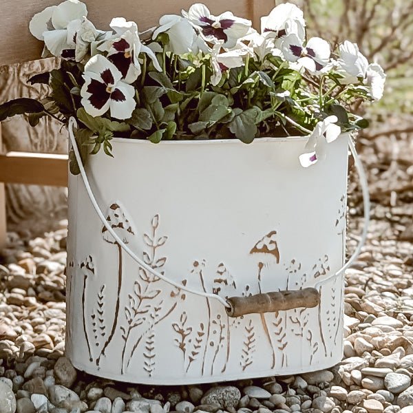 Rustic Cream Mushroom Embossed Metal Buckets, Set of Two - Napa Valley Wildflower Co.