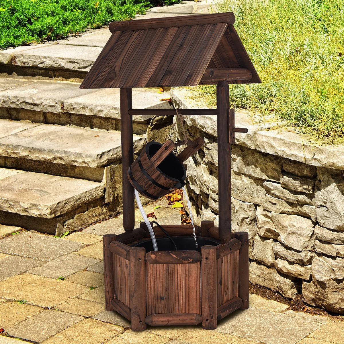 Rustic Wooden Wishing Well Water Fountain – Outdoor Garden Fountain with Pump - Napa Valley Wildflower Co.
