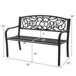 Black metal bench with 'Welcome' design and dimensions on a white background
