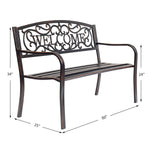 Decorative metal bench with 'Welcome' text and dimensions on a white background