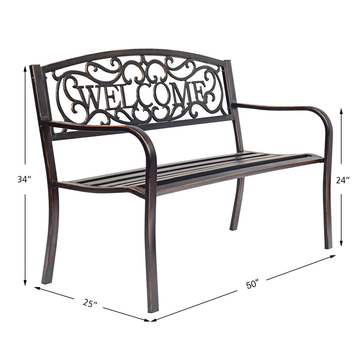Decorative metal bench with 'Welcome' text and dimensions on a white background