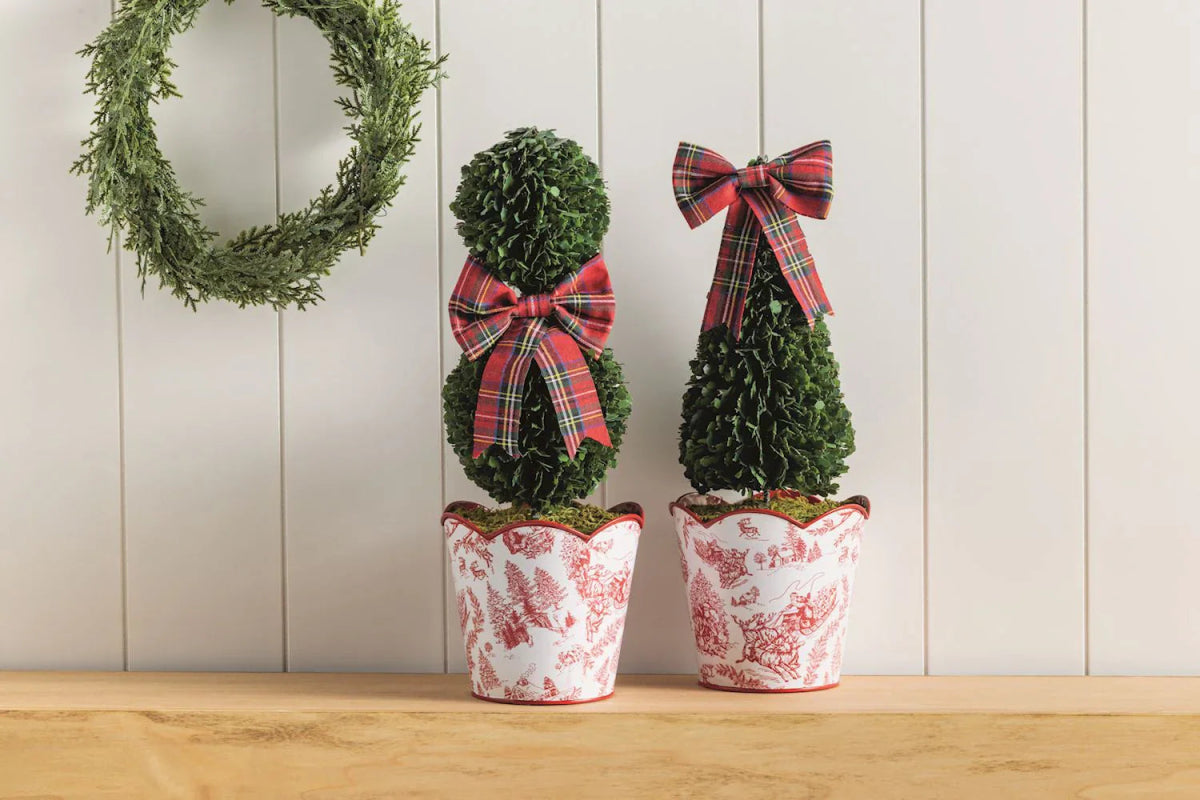 Small Red Toile Snowman Boxwood Potted Topiary - Napa Valley Wildflower Co.
